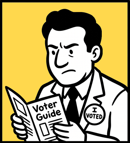 Cartoon man in a suit scowling at his voter guide