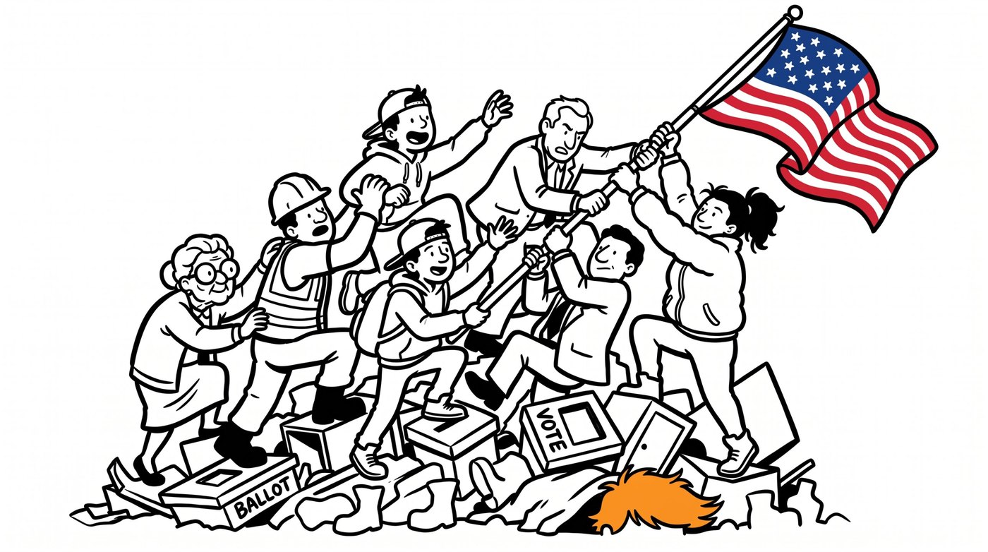 Cartoon voters of every age helping each other raise an American flag